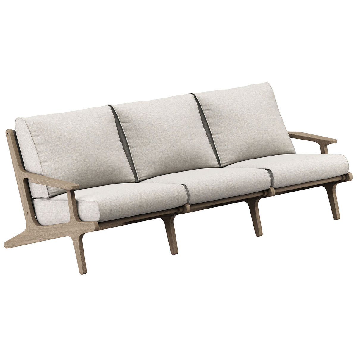 Saratoga teak outdoor sofa with pebble cushions and gently curved arms for airy patio seating || EEI-7249-WGR-PEB || front_angle_studio