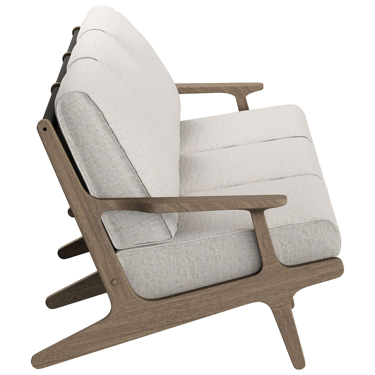 Teak patio sofa emphasizing slim frame profile, angled backrest, and plush pebble-toned cushions || EEI-7249-WGR-PEB || side_studio