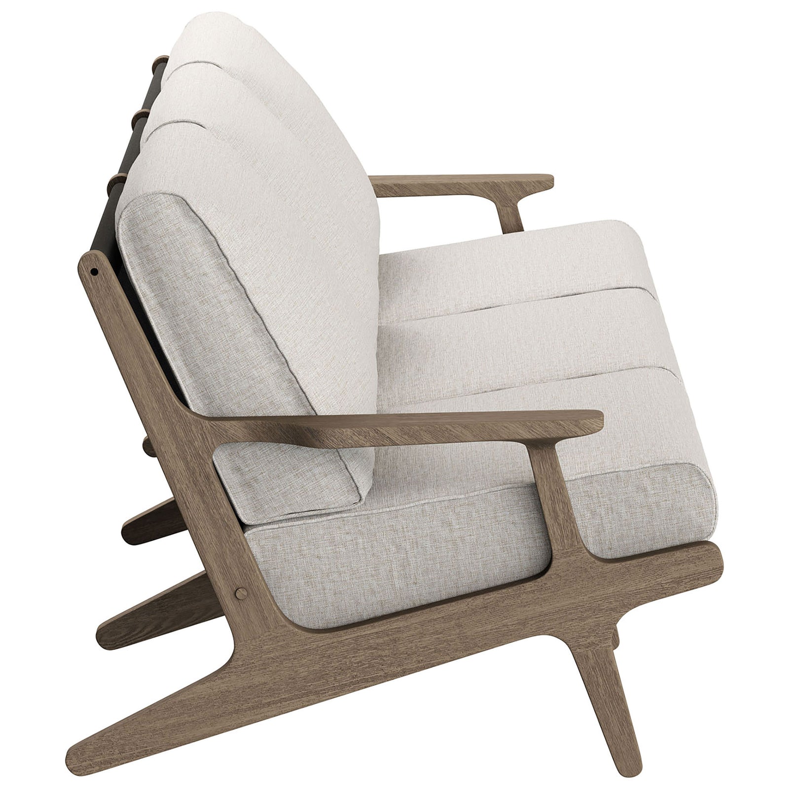 Teak patio sofa emphasizing slim frame profile, angled backrest, and plush pebble-toned cushions || EEI-7249-WGR-PEB || side_studio