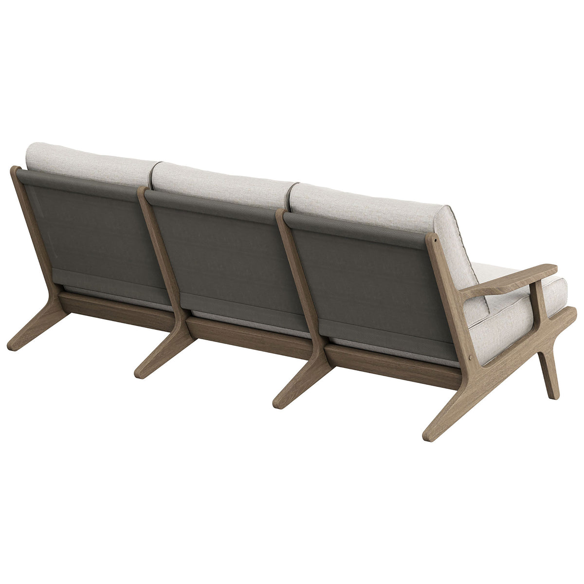 Outdoor teak sofa with fabric back support panels and three-part frame for lasting stability || EEI-7249-WGR-PEB || back_angle_studio