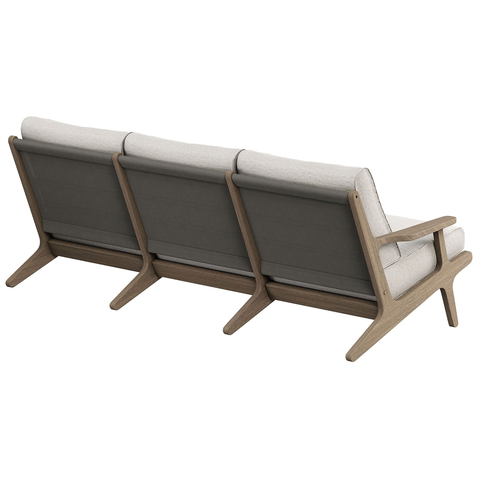 Outdoor teak sofa with fabric back support panels and three-part frame for lasting stability || EEI-7249-WGR-PEB || back_angle_studio