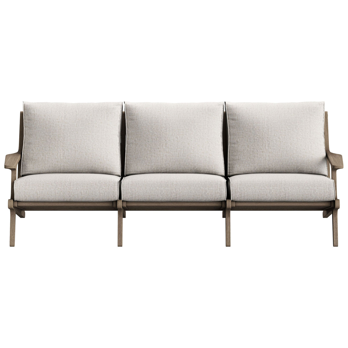 Three-seat Saratoga teak patio sofa with soft pebble cushions and streamlined modern silhouette || EEI-7249-WGR-PEB || front_studio