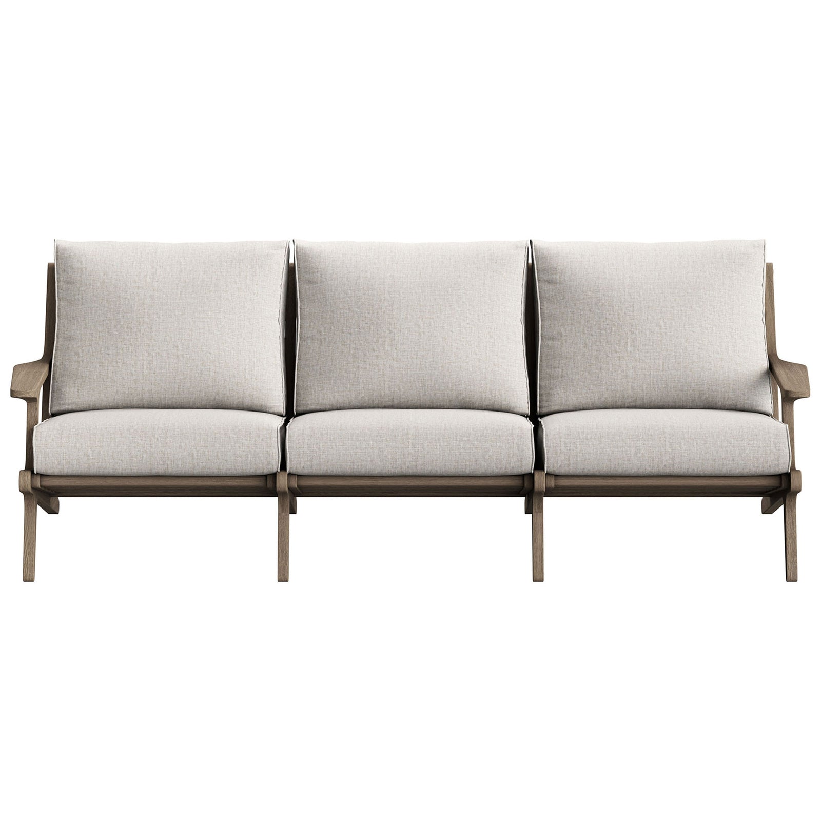 Three-seat Saratoga teak patio sofa with soft pebble cushions and streamlined modern silhouette || EEI-7249-WGR-PEB || front_studio