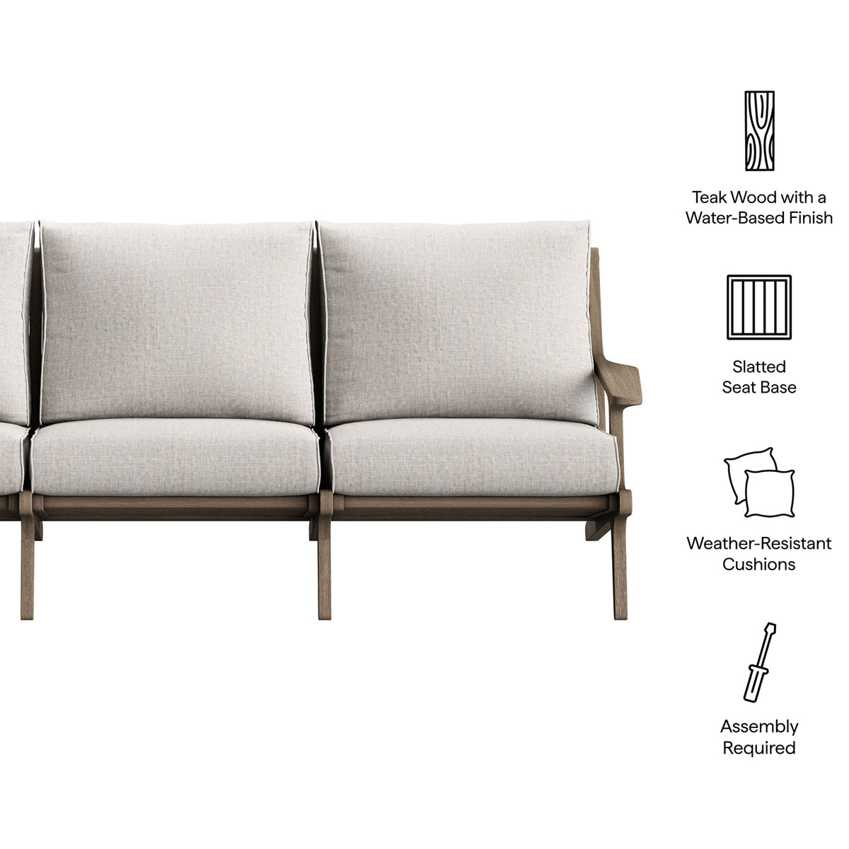 Teak patio sofa with icons calling out water-based finish, slatted seat base, and weather-ready cushions || EEI-7249-WGR-PEB || callout_studio