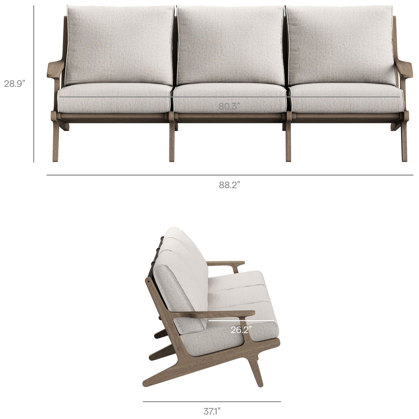 Dimension overview of three-seat Saratoga teak sofa showing key width, depth, and seat measurements || EEI-7249-WGR-PEB || dimension_studio