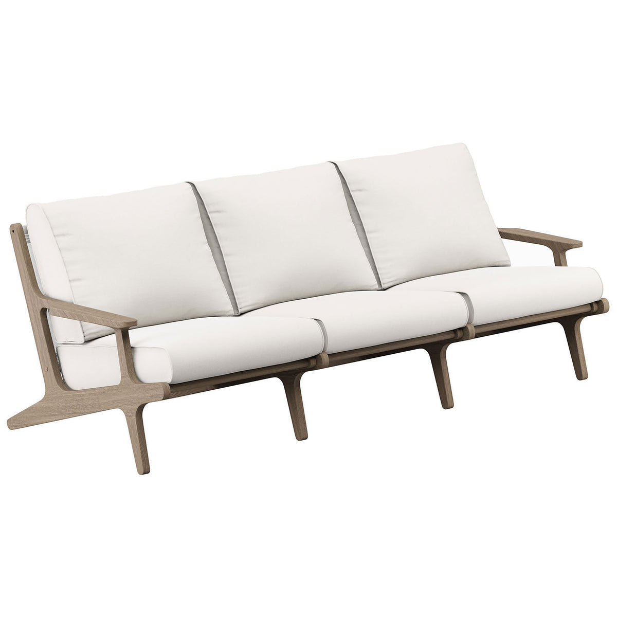 Saratoga teak outdoor sofa with crisp white cushions and sculpted arms for relaxed outdoor lounging || EEI-7249-WGR-WHI || front_angle_studio