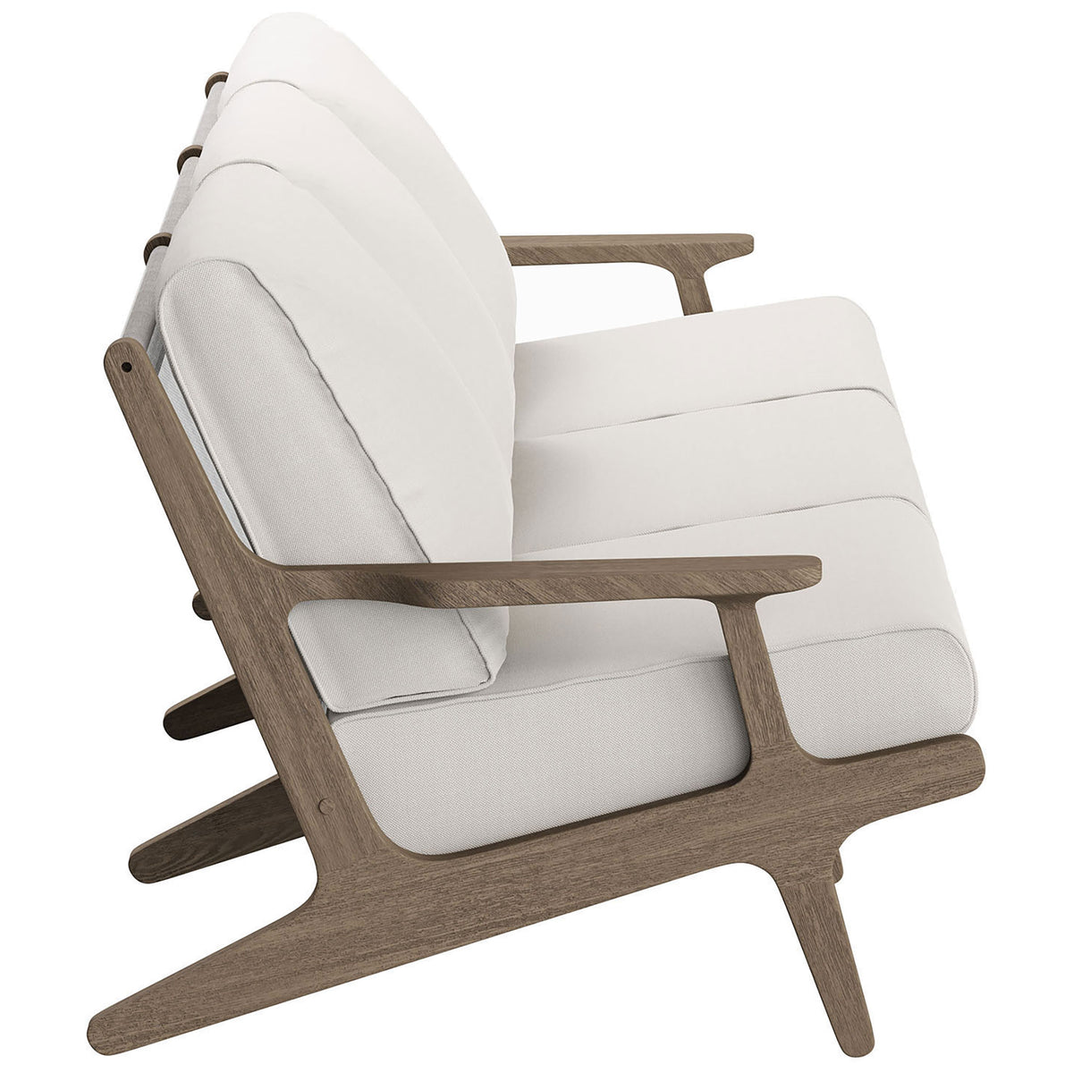 Teak patio sofa featuring airy open frame, angled back, and thick white cushions || EEI-7249-WGR-WHI || side_studio