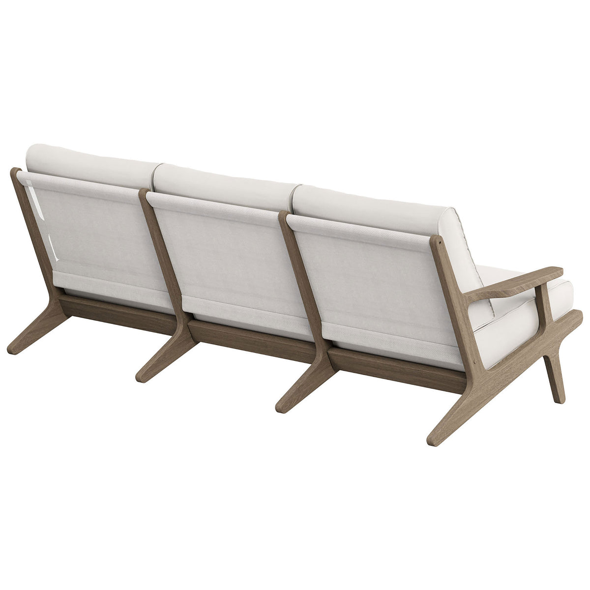 Outdoor teak sofa designed with supportive fabric back panels and sturdy three-seat frame || EEI-7249-WGR-WHI || back_angle_studio