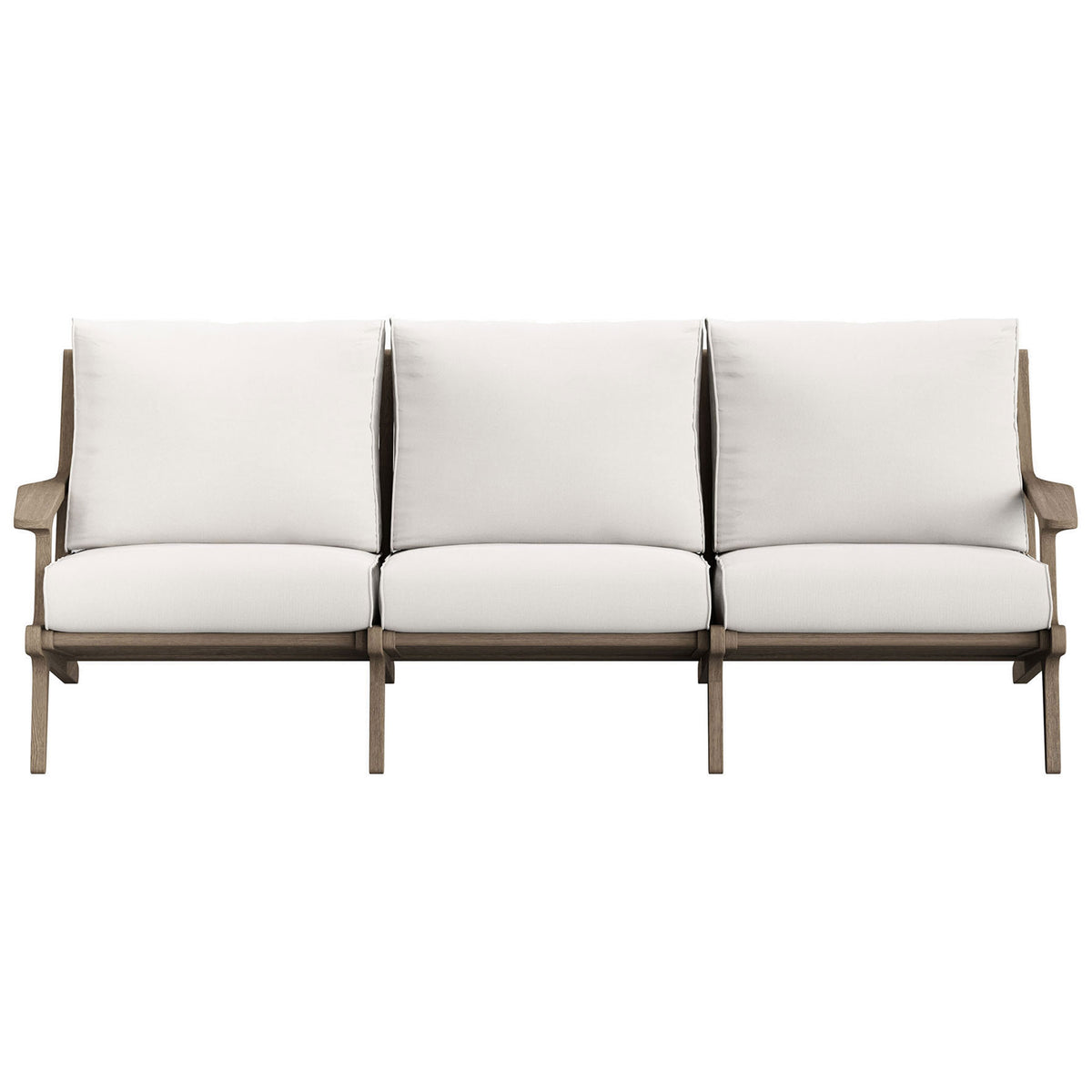 Three-seat Saratoga teak patio sofa with bright white cushions and clean modern lines || EEI-7249-WGR-WHI || front_studio