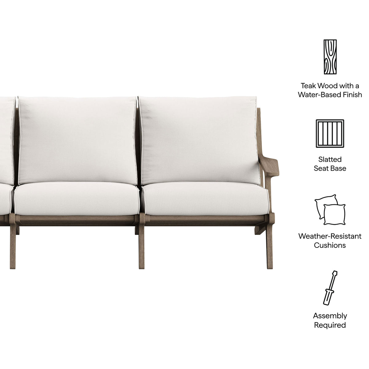 Teak patio sofa with feature icons for water-based finish, slatted seat support, and weather-resistant cushions || EEI-7249-WGR-WHI || callout_studio