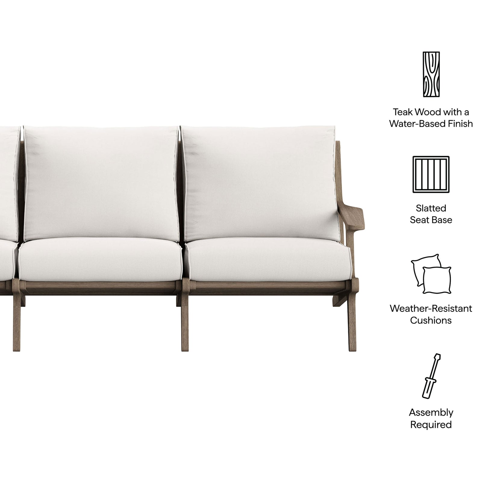 Teak patio sofa with feature icons for water-based finish, slatted seat support, and weather-resistant cushions || EEI-7249-WGR-WHI || callout_studio