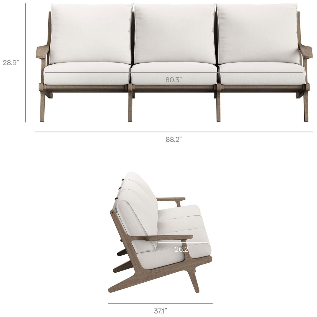Sizing diagram for three-seat Saratoga teak sofa outlining overall height, width, depth, and seat depth || EEI-7249-WGR-WHI || dimension_studio