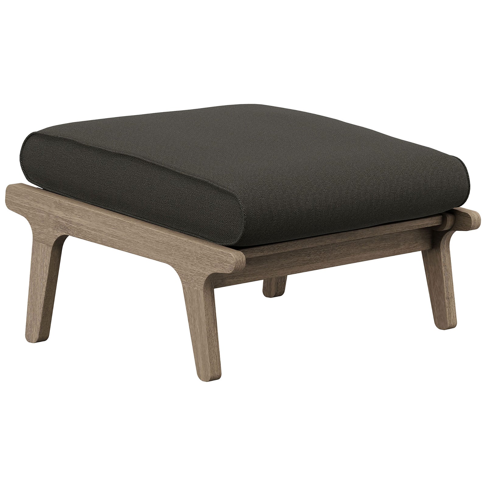Modern teak patio ottoman with flint gray cushion and slatted base for versatile outdoor lounging || EEI-7250-WGR-FLI || front_angle_studio