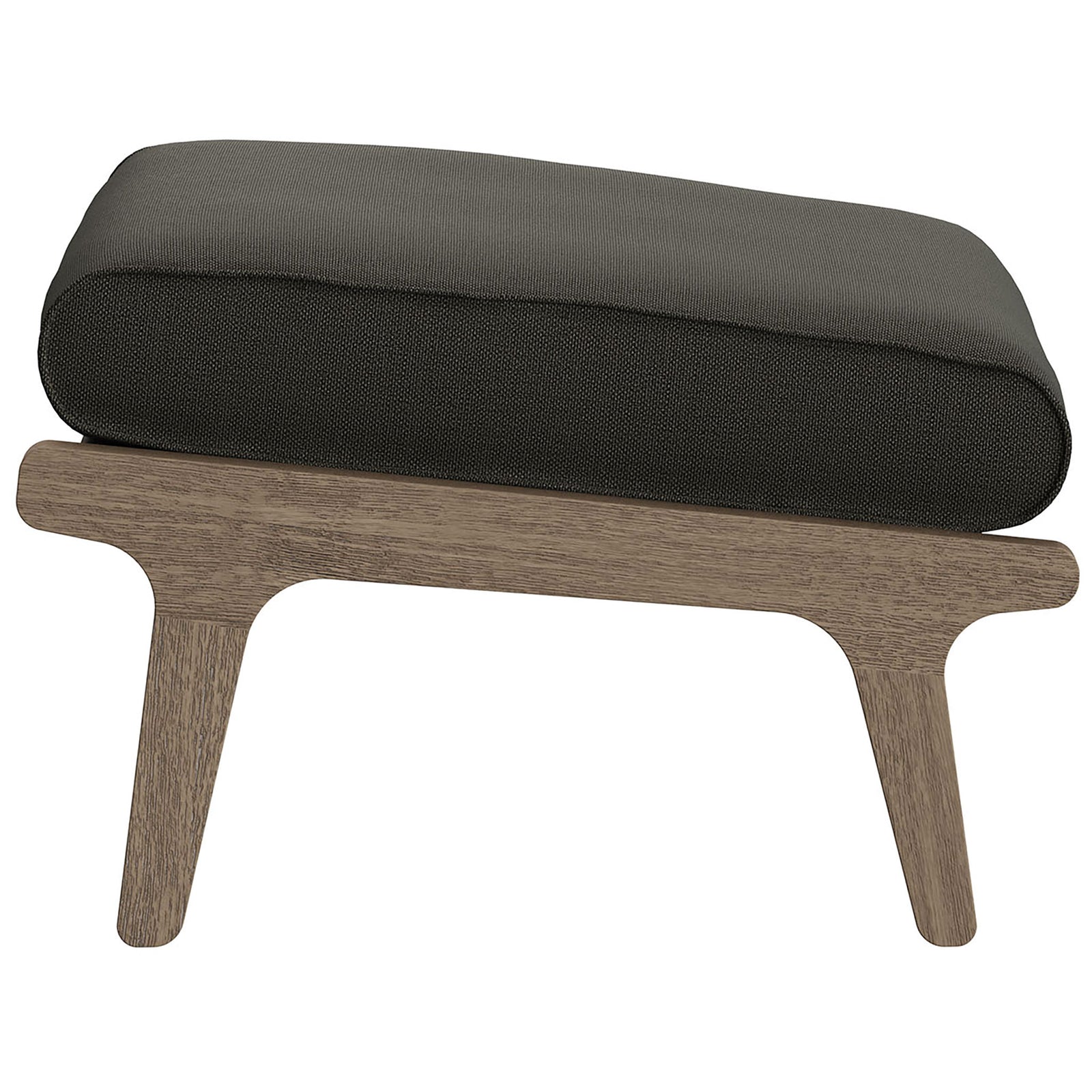 Teak ottoman with sculpted legs and thick flint gray cushion for relaxing outdoor comfort || EEI-7250-WGR-FLI || side_studio