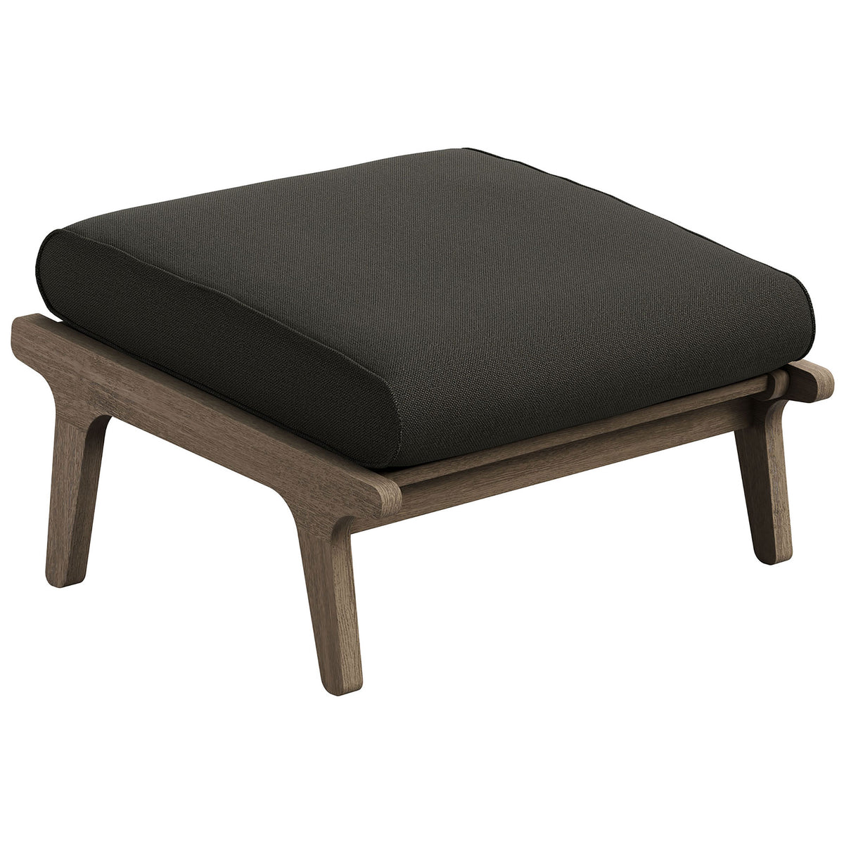 Teak outdoor ottoman with deep flint gray cushion, showcasing clean lines and low profile design || EEI-7250-WGR-FLI || front_angle_studio