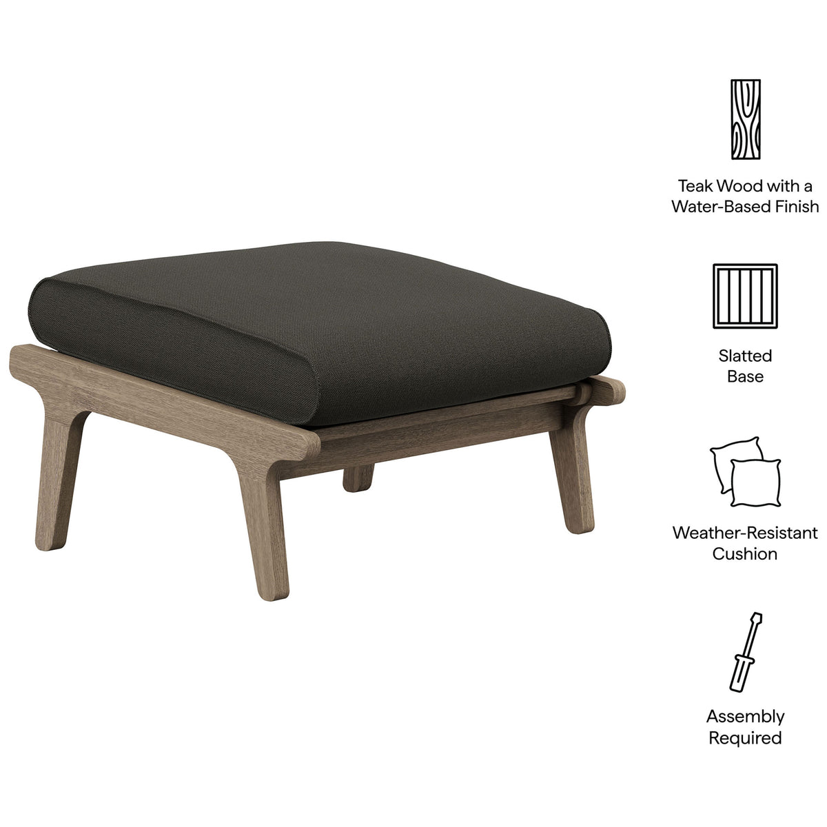 Teak ottoman with flint gray cushion and icons highlighting slatted base, weather resistance, and easy assembly || EEI-7250-WGR-FLI || callout_studio