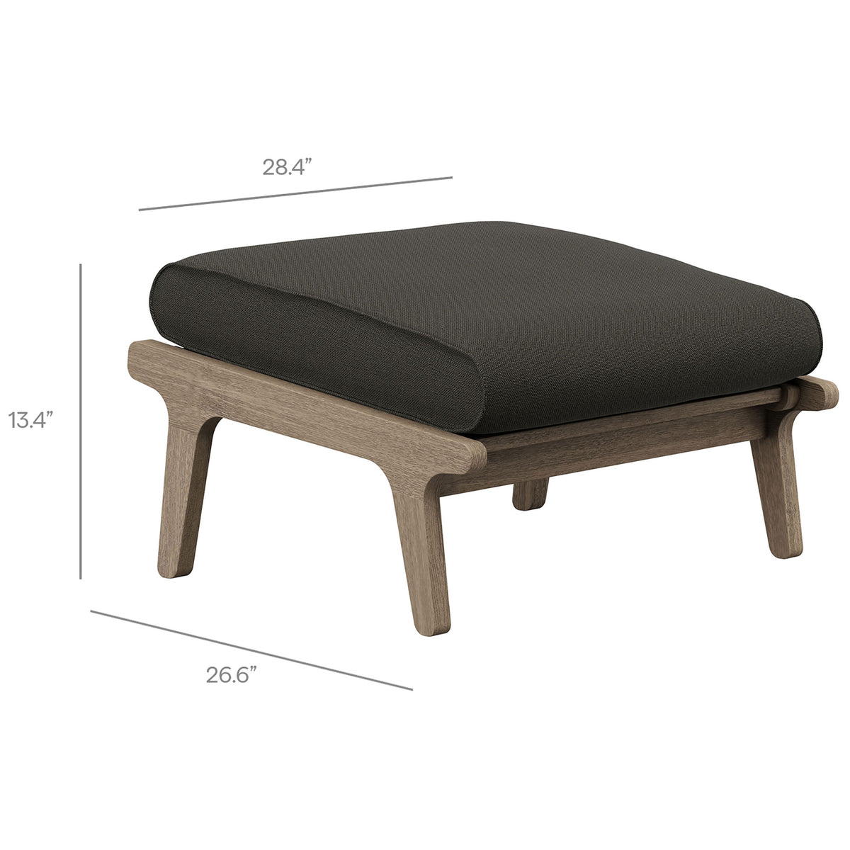 Dimensions of the flint gray cushioned teak ottoman shown for width, depth, and low profile height || EEI-7250-WGR-FLI || dimension_studio