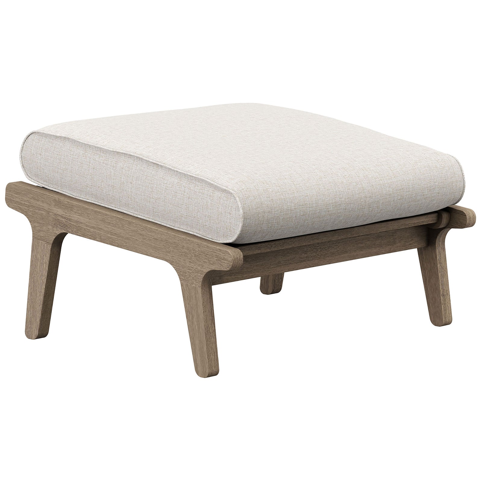 Modern teak patio ottoman with light pebble cushion and slatted base for relaxed outdoor seating || EEI-7250-WGR-PEB || front_angle_studio