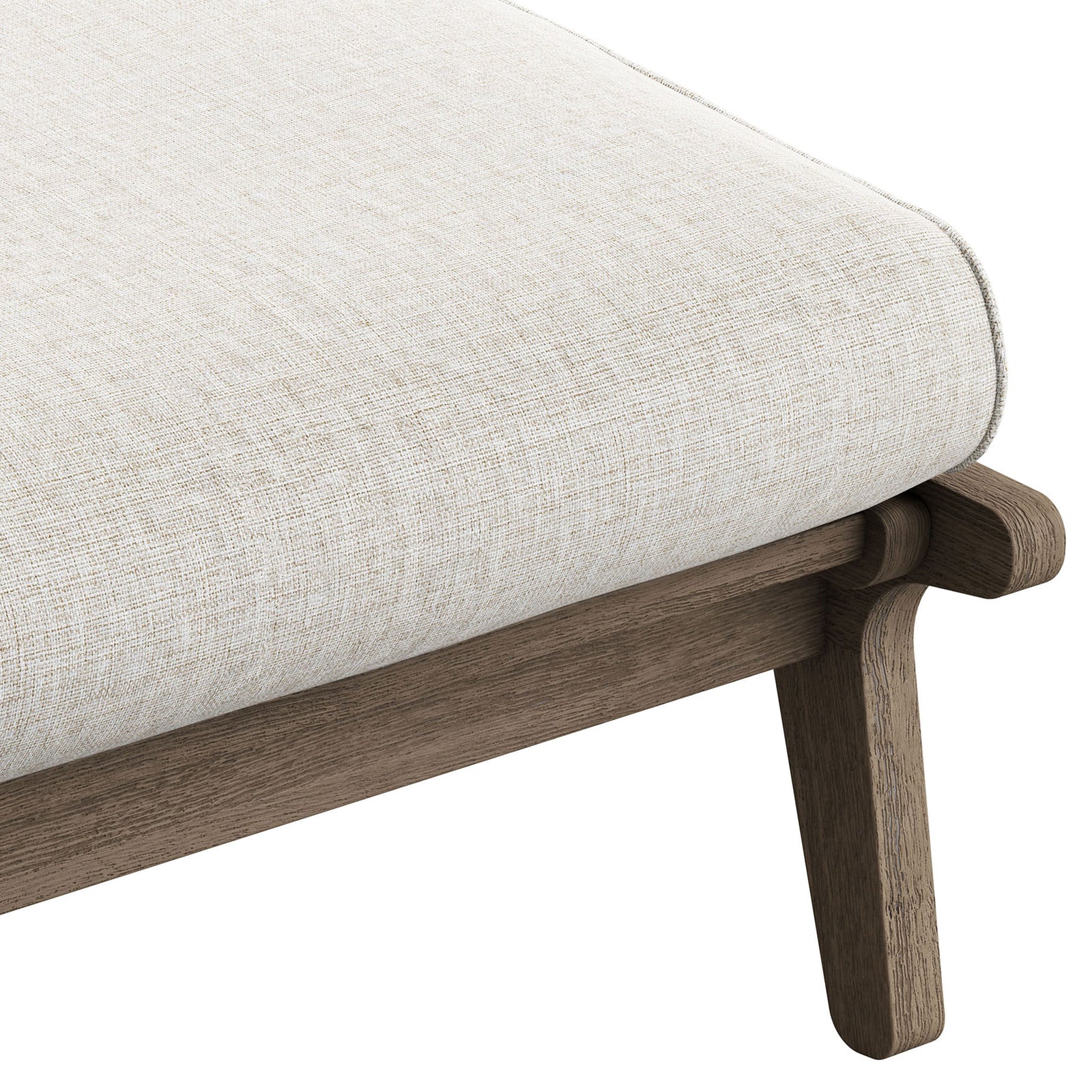 Texture of the soft pebble performance cushion fabric over a weathered teak ottoman frame || EEI-7250-WGR-PEB || swatch_studio