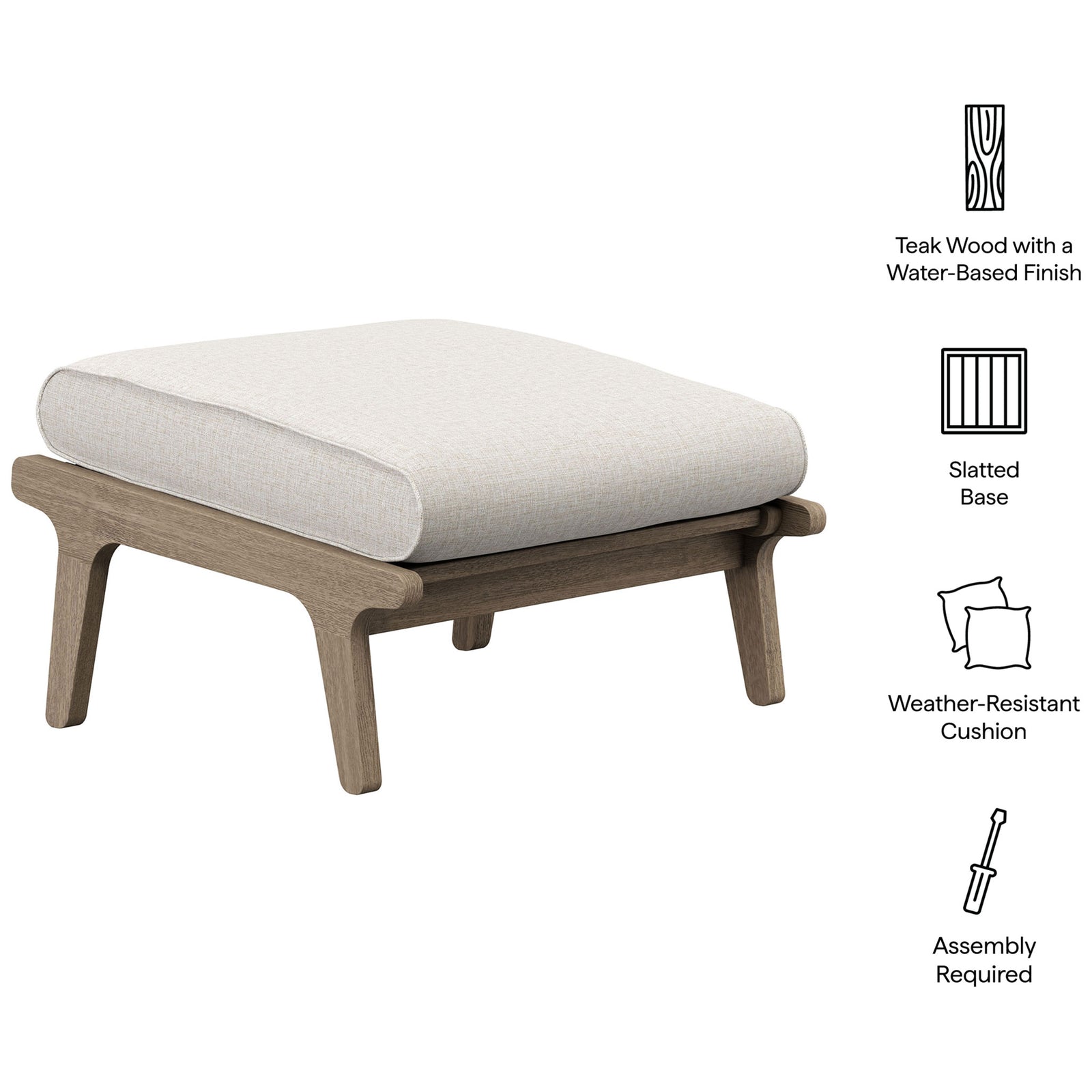 Teak ottoman with pebble cushion and icons calling out slatted base, weather resistance, and assembly || EEI-7250-WGR-PEB || callout_studio