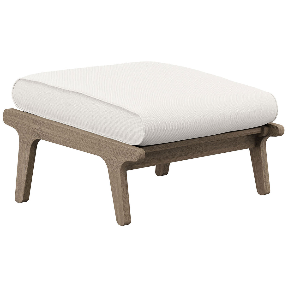 Modern teak patio ottoman with crisp white cushion and slatted base for airy outdoor lounging || EEI-7250-WGR-WHI || front_angle_studio
