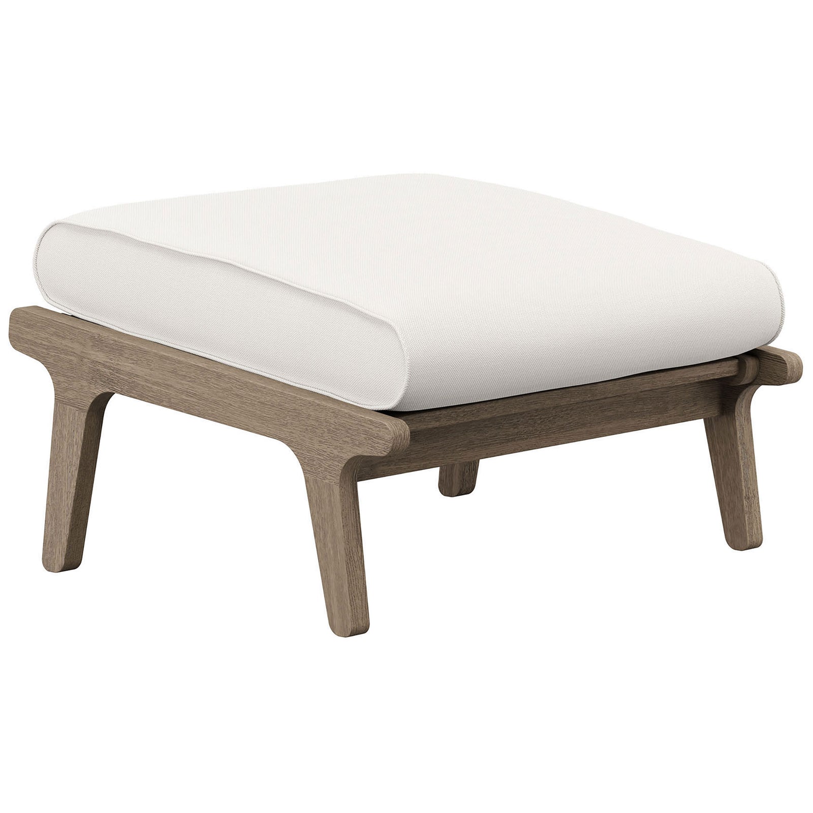 Modern teak patio ottoman with crisp white cushion and slatted base for airy outdoor lounging || EEI-7250-WGR-WHI || front_angle_studio