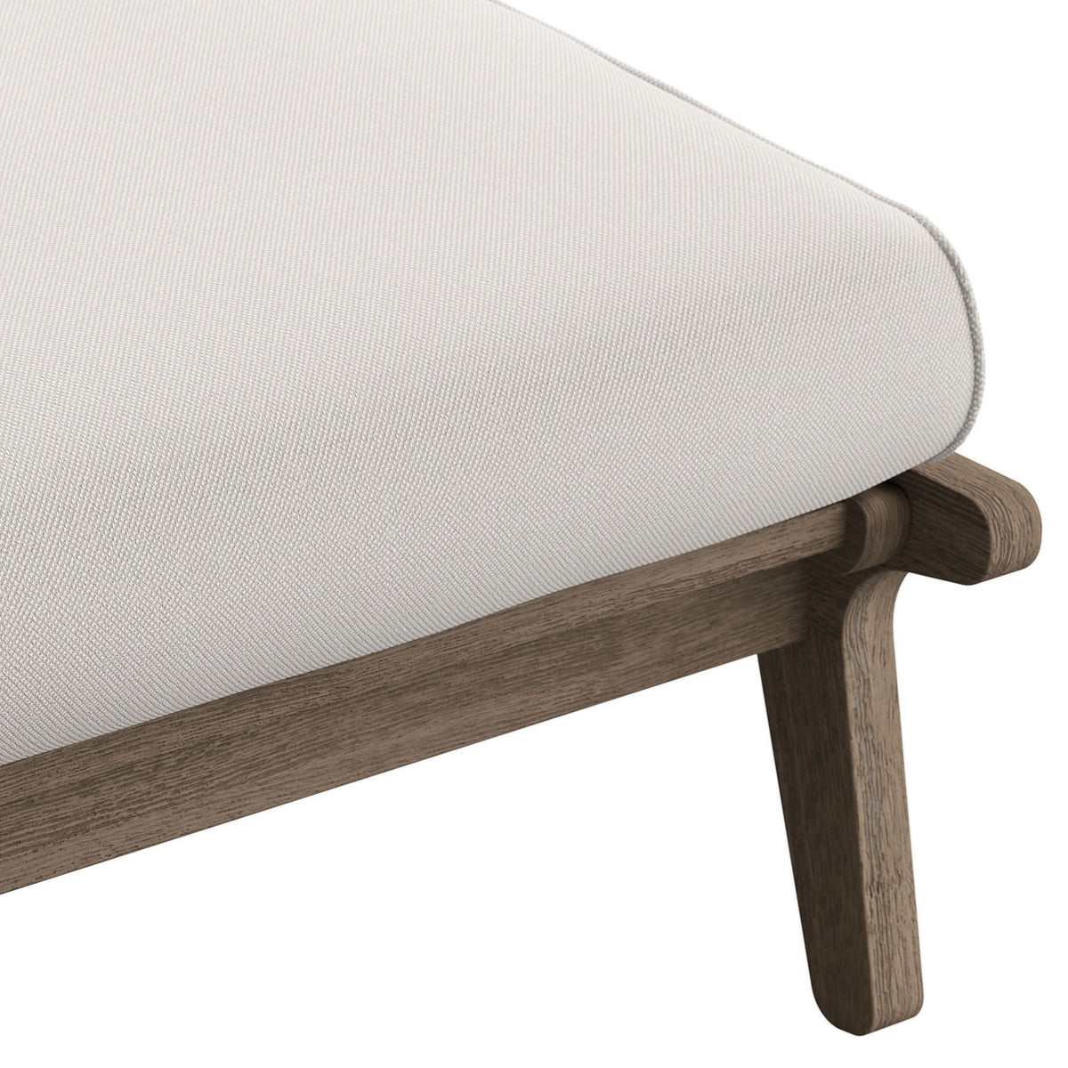 Soft white performance cushion fabric layered over a weathered teak ottoman frame || EEI-7250-WGR-WHI || swatch_studio