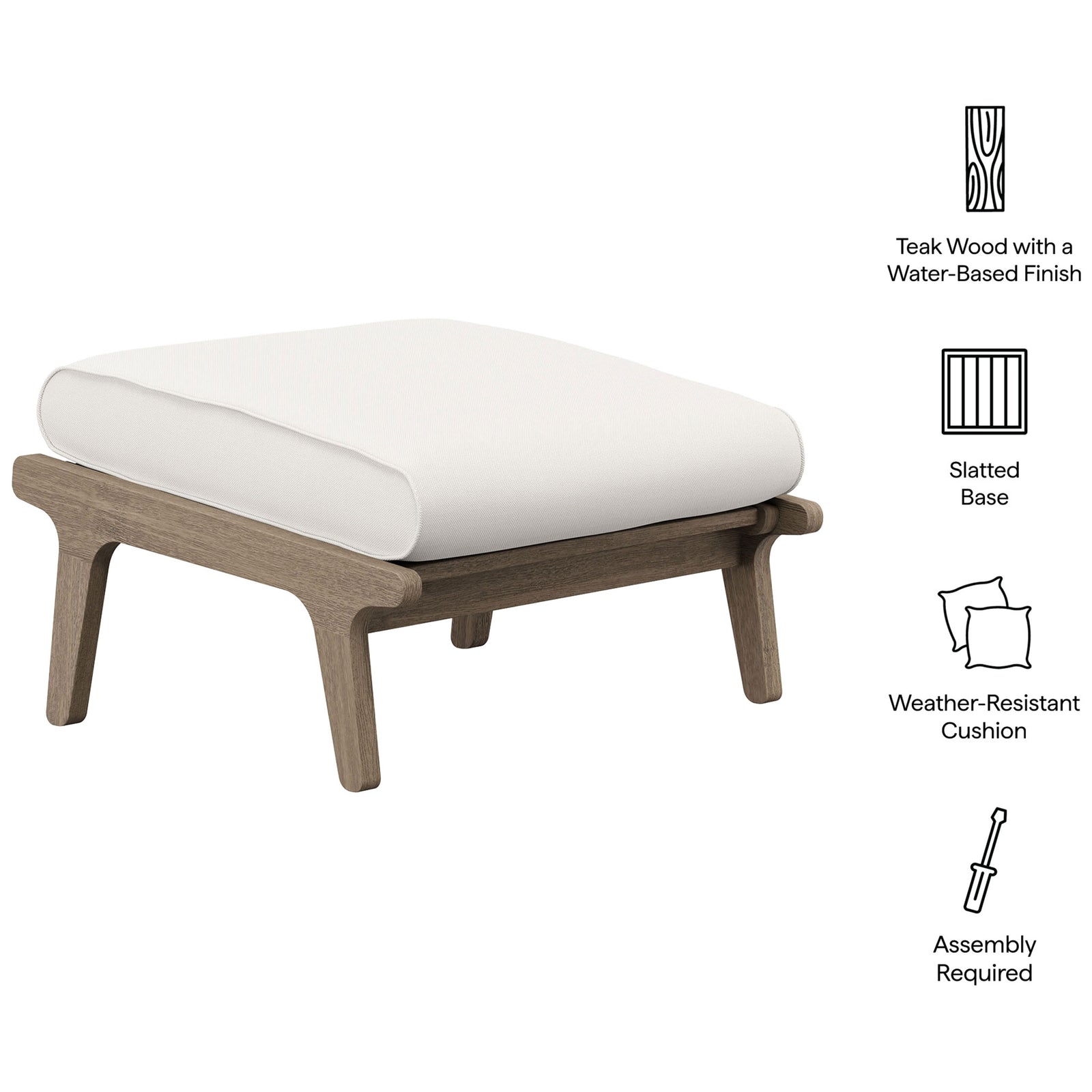 Teak ottoman with white cushion and icons noting slatted base, weather resistance, and simple assembly || EEI-7250-WGR-WHI || callout_studio