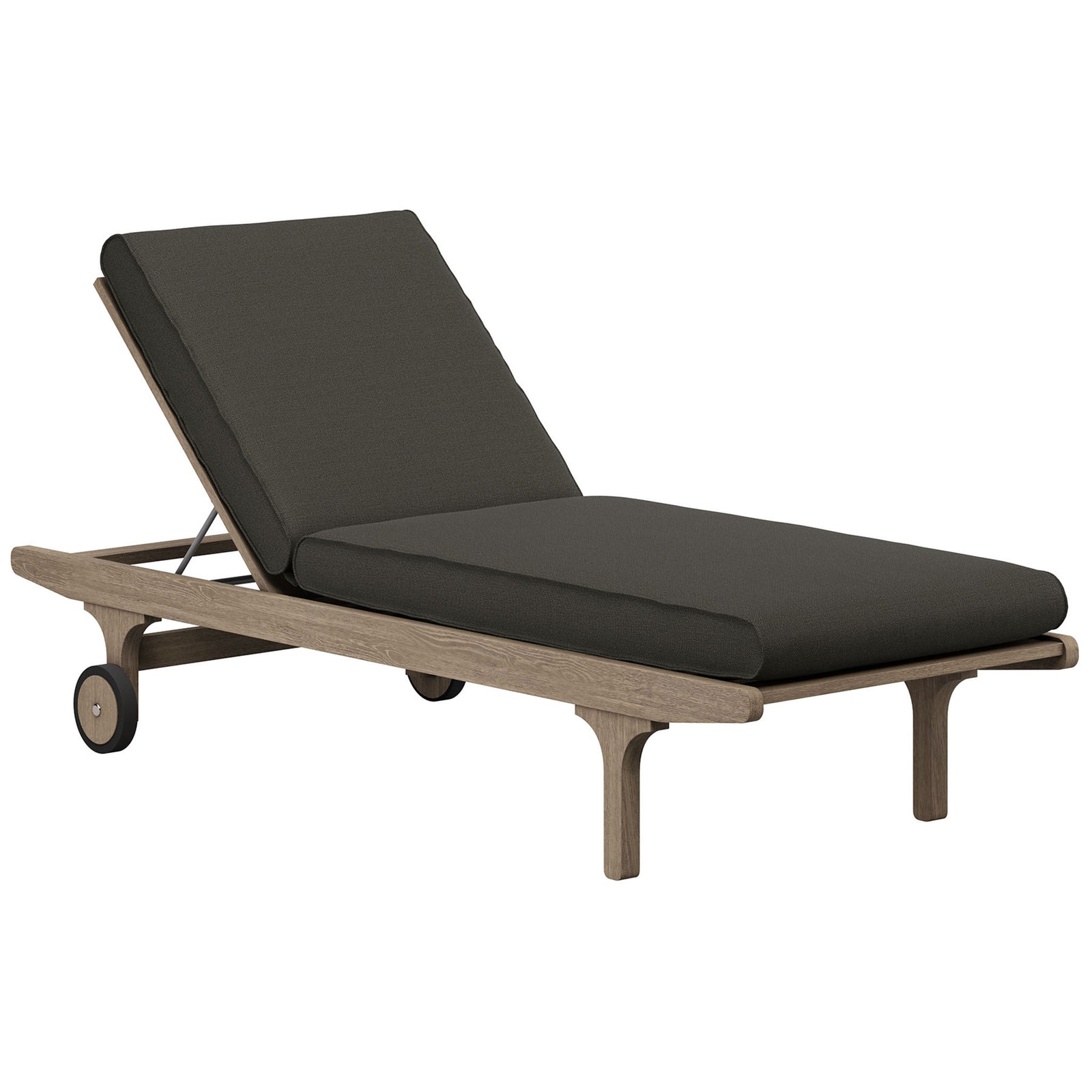 Teak outdoor chaise lounge with flint gray cushions and adjustable backrest on slim wheeled frame || EEI-7251-WGR-FLI || front_angle_studio