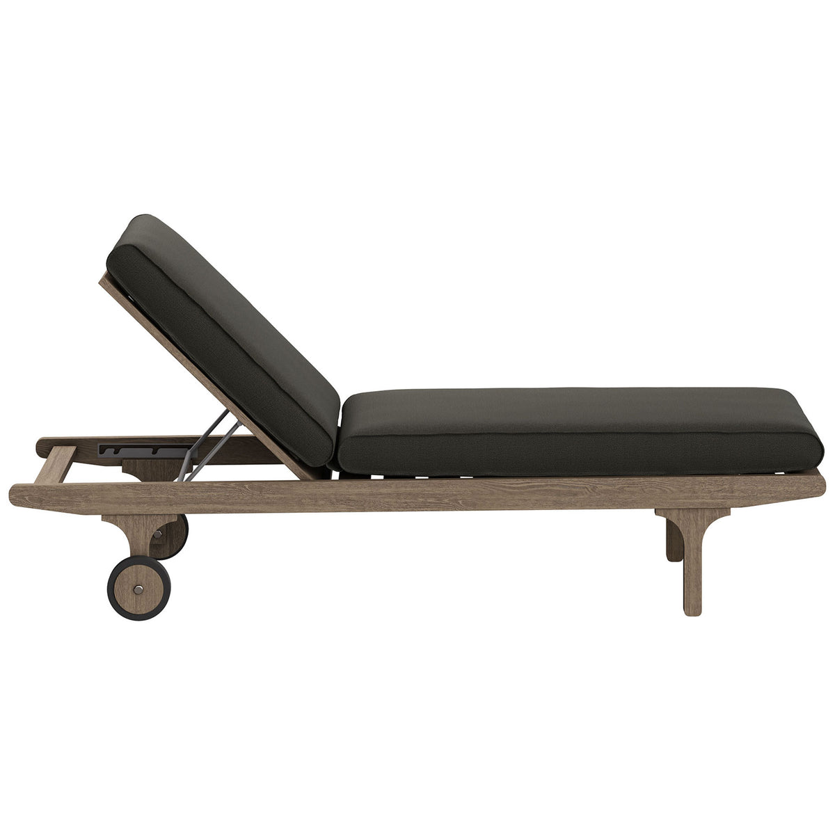 Slim teak pool lounger with flint gray cushions and a three-position reclining backrest || EEI-7251-WGR-FLI || side_studio
