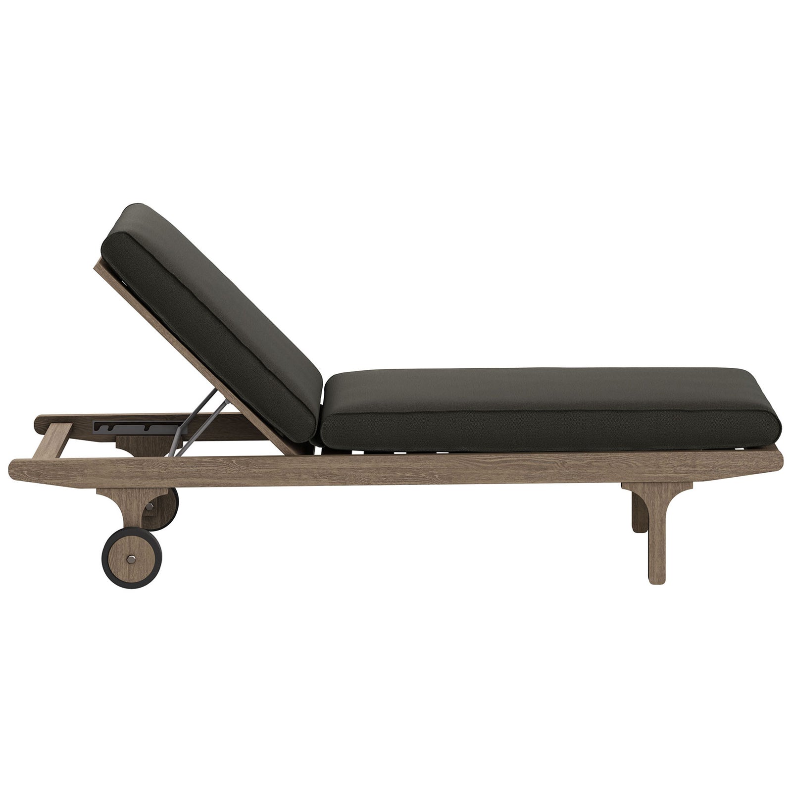 Slim teak pool lounger with flint gray cushions and a three-position reclining backrest || EEI-7251-WGR-FLI || side_studio