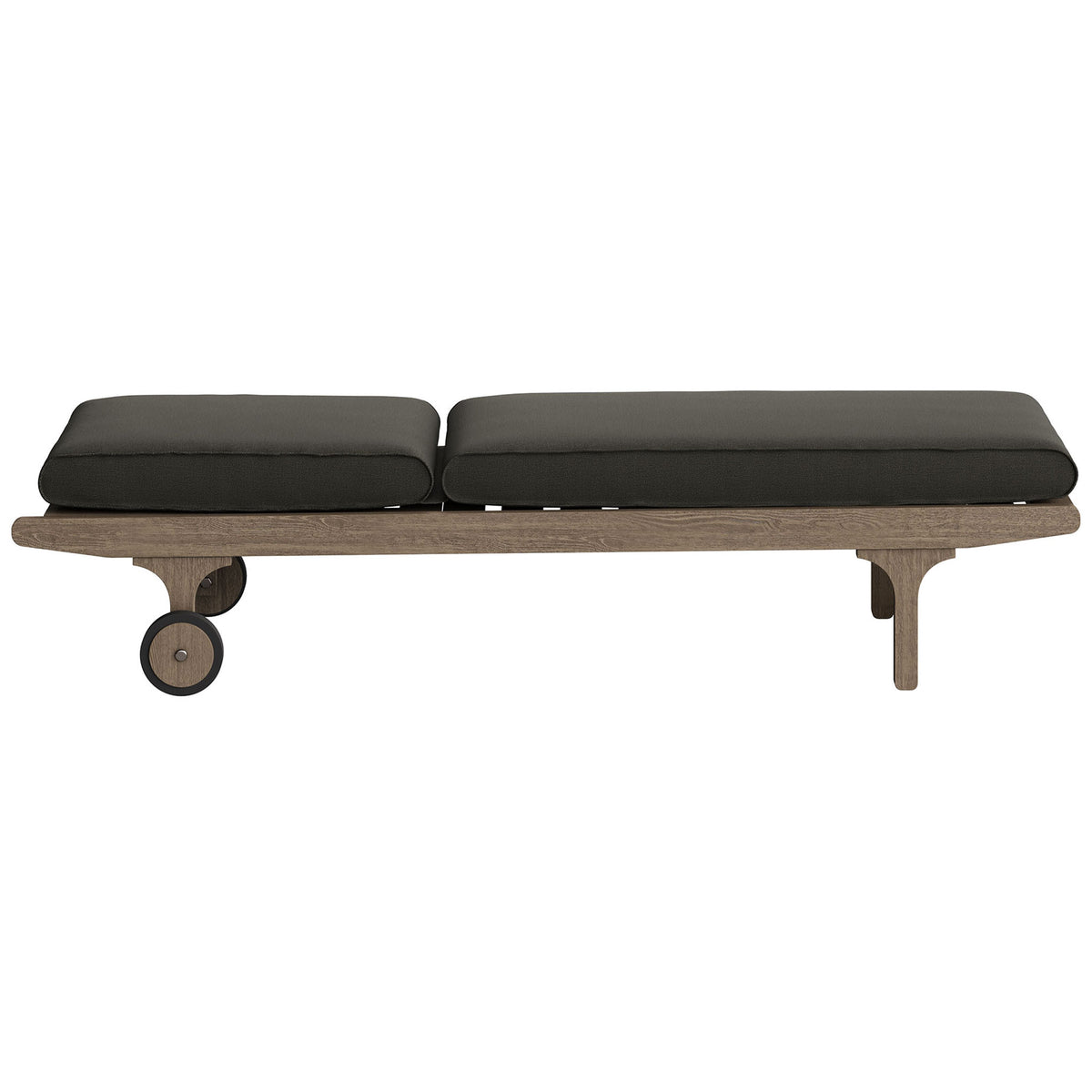 Teak outdoor chaise shown fully flat with flint gray cushions on a low wheeled base || EEI-7251-WGR-FLI || side_converted_studio
