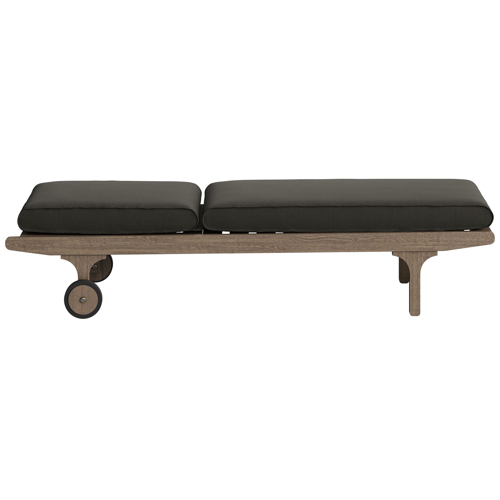 Teak outdoor chaise shown fully flat with flint gray cushions on a low wheeled base || EEI-7251-WGR-FLI || side_converted_studio