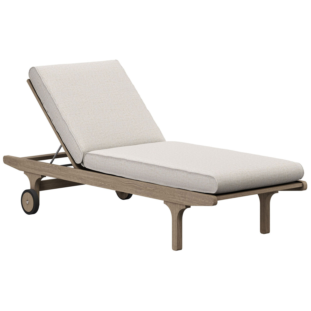 Teak outdoor chaise lounge with pebble cushions and an adjustable backrest on a slim wheeled frame || EEI-7251-WGR-PEB || front_angle_studio