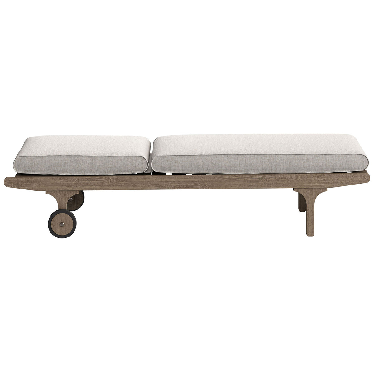 Teak outdoor chaise shown fully flat with pebble cushions on a low wheeled base || EEI-7251-WGR-PEB || side_converted_studio