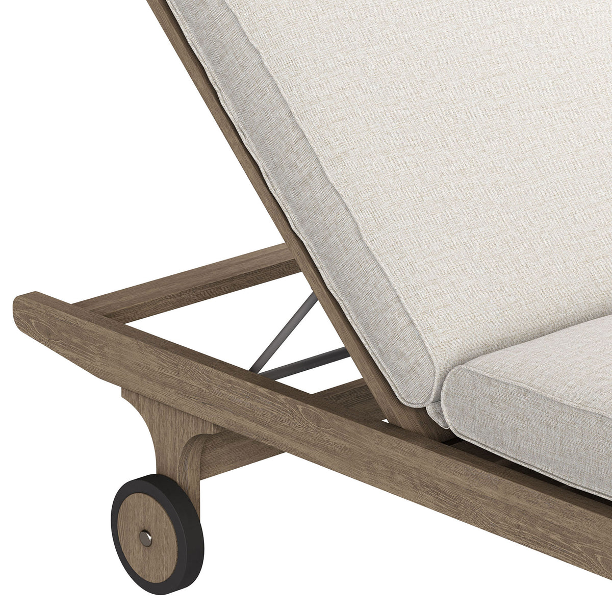 Teak frame with angled support bar and rear wheel beneath the pebble chaise cushion || EEI-7251-WGR-PEB || leg_studio