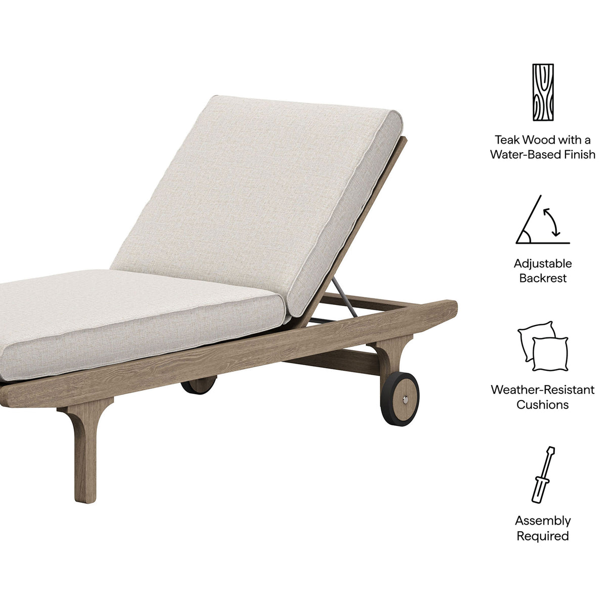 Feature graphic highlighting teak frame, adjustable backrest, and weather-resistant pebble cushions || EEI-7251-WGR-PEB || callout_studio