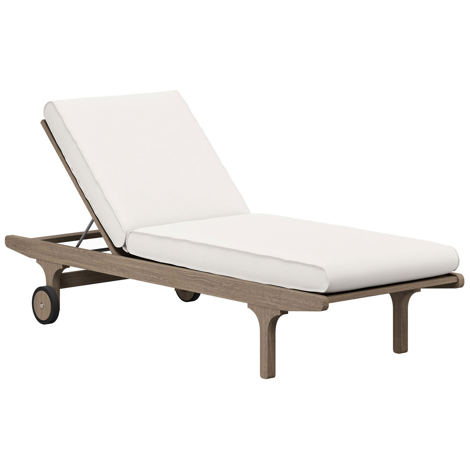 Teak outdoor chaise lounge with white cushions and an adjustable backrest on a slim wheeled frame || EEI-7251-WGR-WHI || front_angle_studio