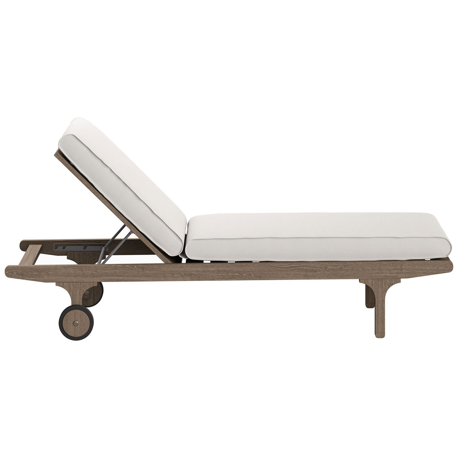Slim teak pool lounger with white cushions and a three-position reclining backrest || EEI-7251-WGR-WHI || side_studio