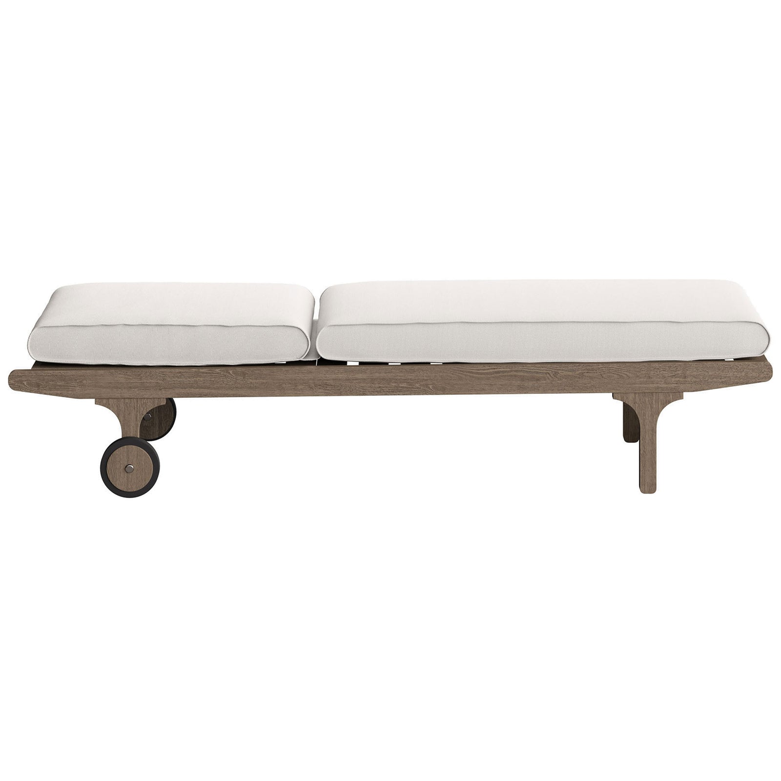 Teak outdoor chaise shown fully flat with white cushions on a low wheeled base || EEI-7251-WGR-WHI || side_converted_studio