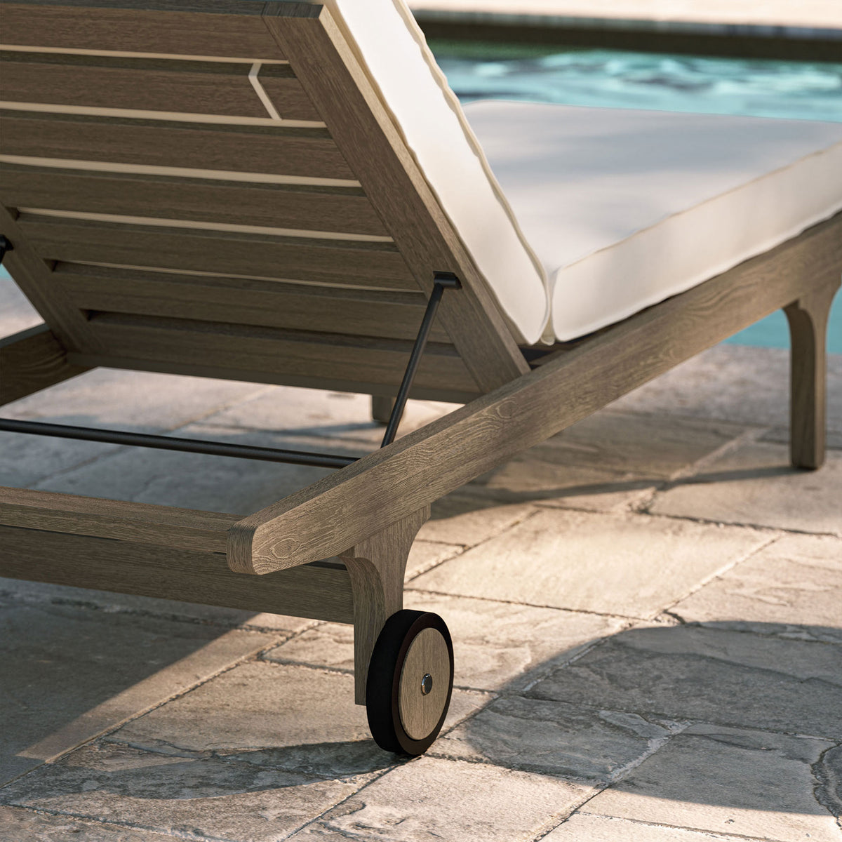 Teak chaise corner and wheel beside a sparkling pool with crisp white cushions || EEI-7251-WGR-WHI || leg_room