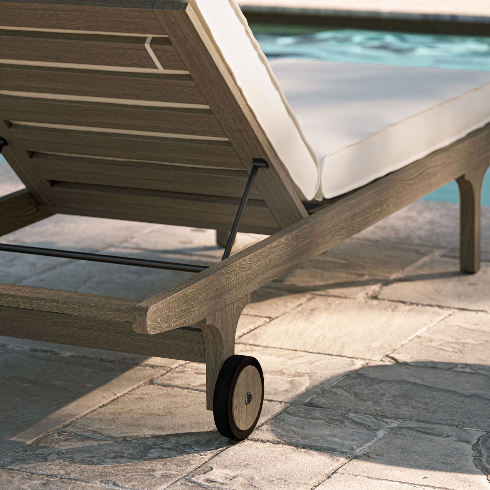 Teak chaise corner and wheel beside a sparkling pool with crisp white cushions || EEI-7251-WGR-WHI || leg_room