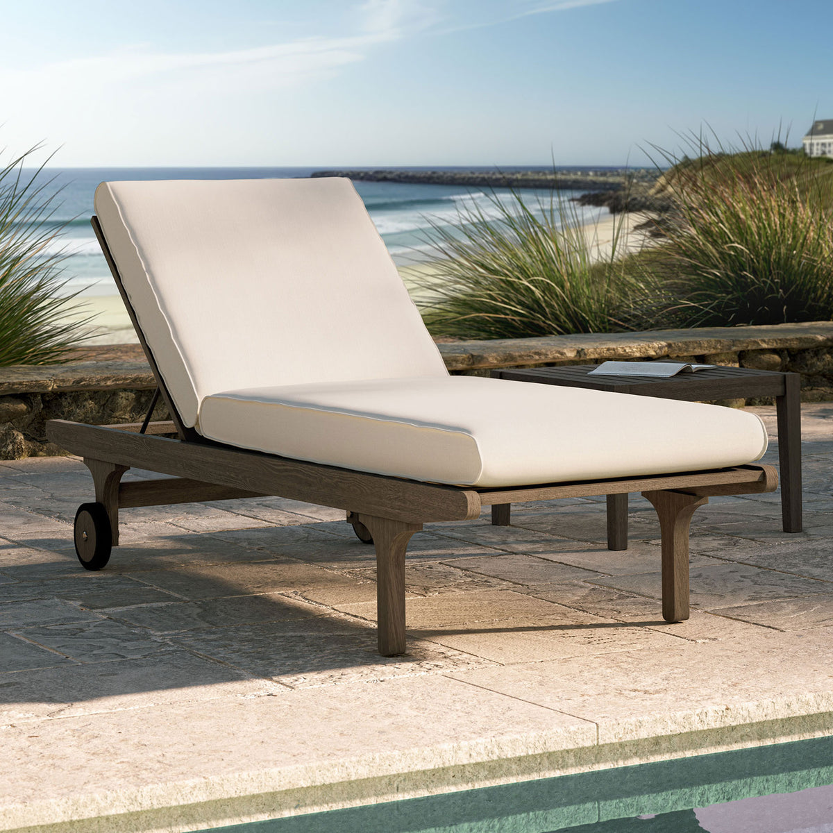 White cushioned teak chaise lounge styled by a sunlit pool for bright, airy outdoor relaxation || EEI-7251-WGR-WHI || front_angle_room