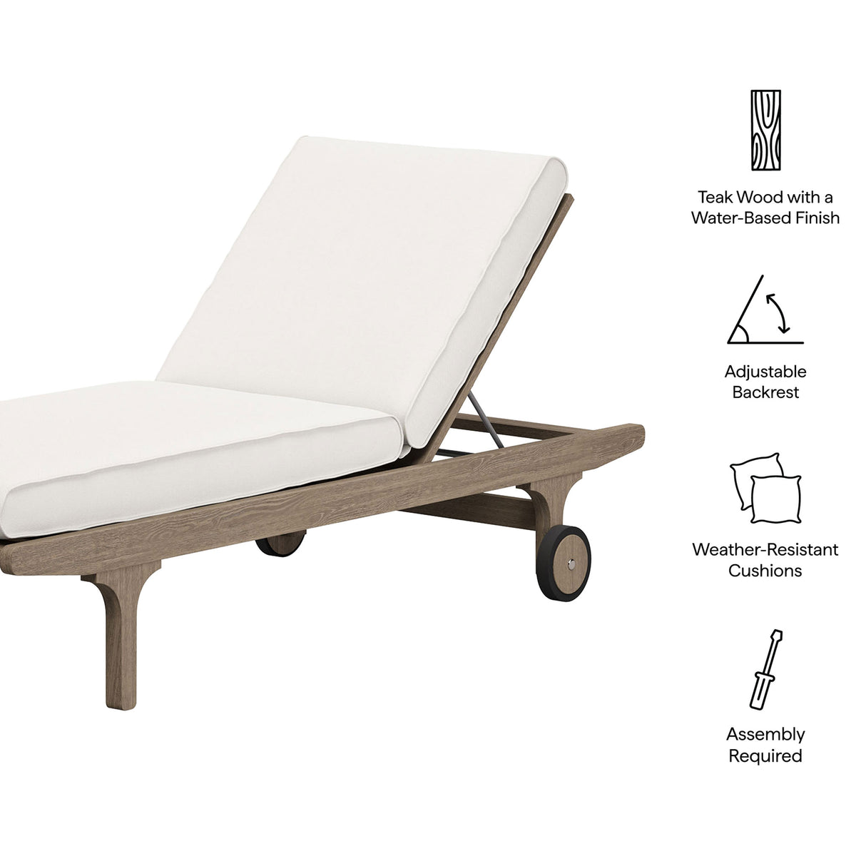 Feature graphic highlighting teak frame, adjustable backrest, and weather-resistant white cushions || EEI-7251-WGR-WHI || callout_studio