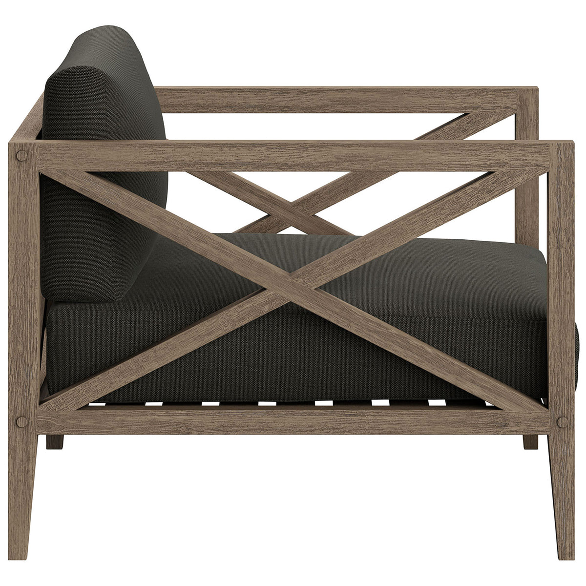 Wide seat and sturdy teak arms emphasize the deep comfort of the flint gray Northlake outdoor chair || EEI-7252-WGR-FLI || side_studio