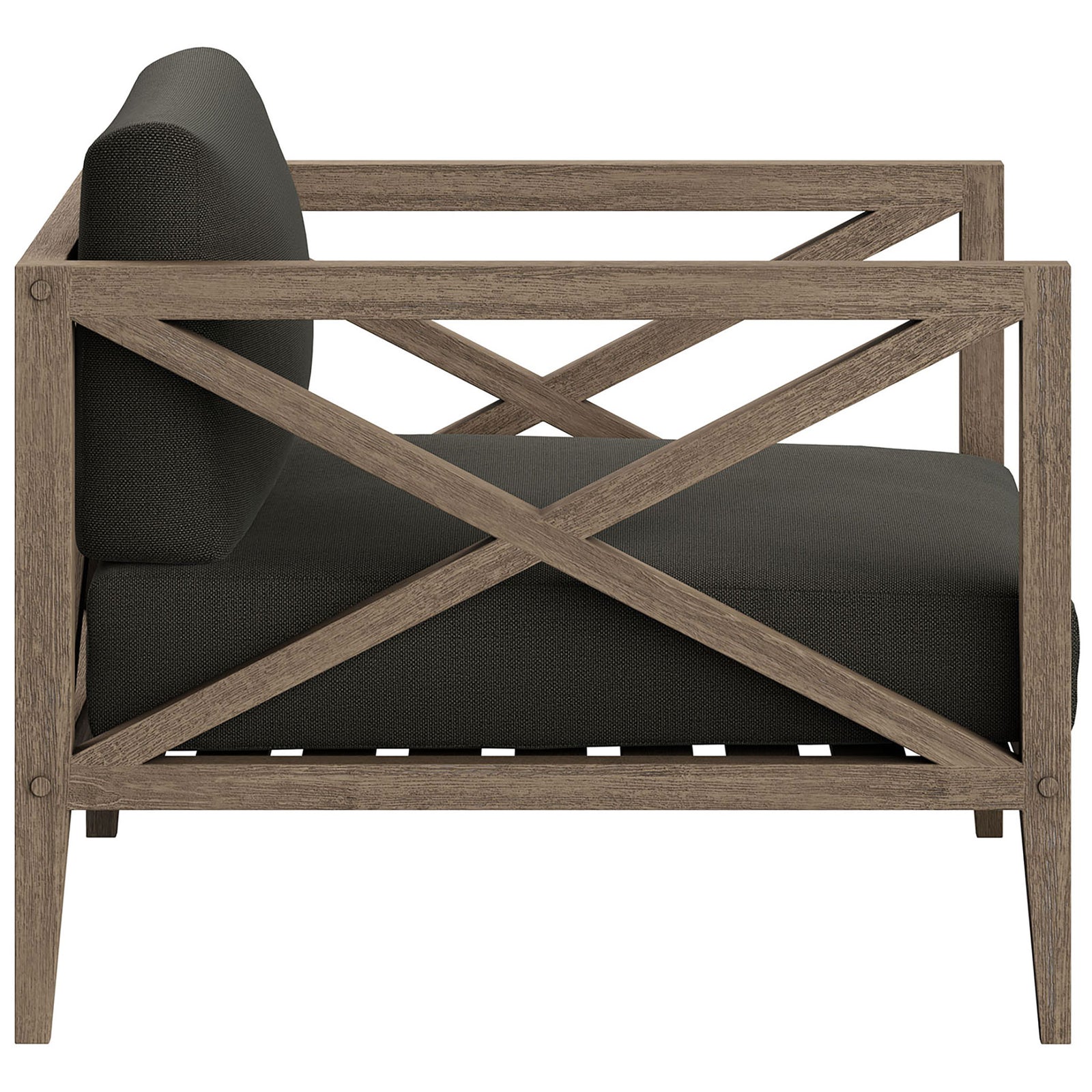 Wide seat and sturdy teak arms emphasize the deep comfort of the flint gray Northlake outdoor chair || EEI-7252-WGR-FLI || side_studio