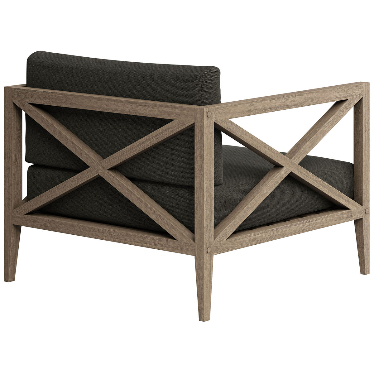 Crisscross teak backrest and tapered legs showcase the modern lines of this flint gray lounge chair || EEI-7252-WGR-FLI || back_angle_studio