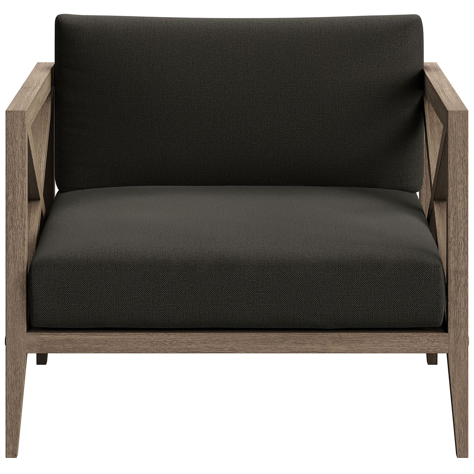 Generously scaled Northlake teak armchair with thick flint gray cushions for inviting outdoor seating || EEI-7252-WGR-FLI || front_studio