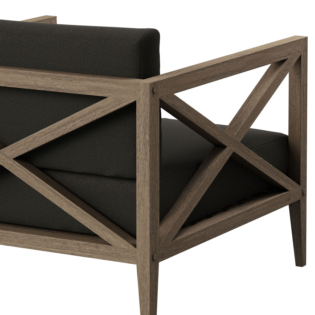 Teak cross-back frame detail highlights smooth joinery and the rich texture of flint gray cushions || EEI-7252-WGR-FLI || detail_studio