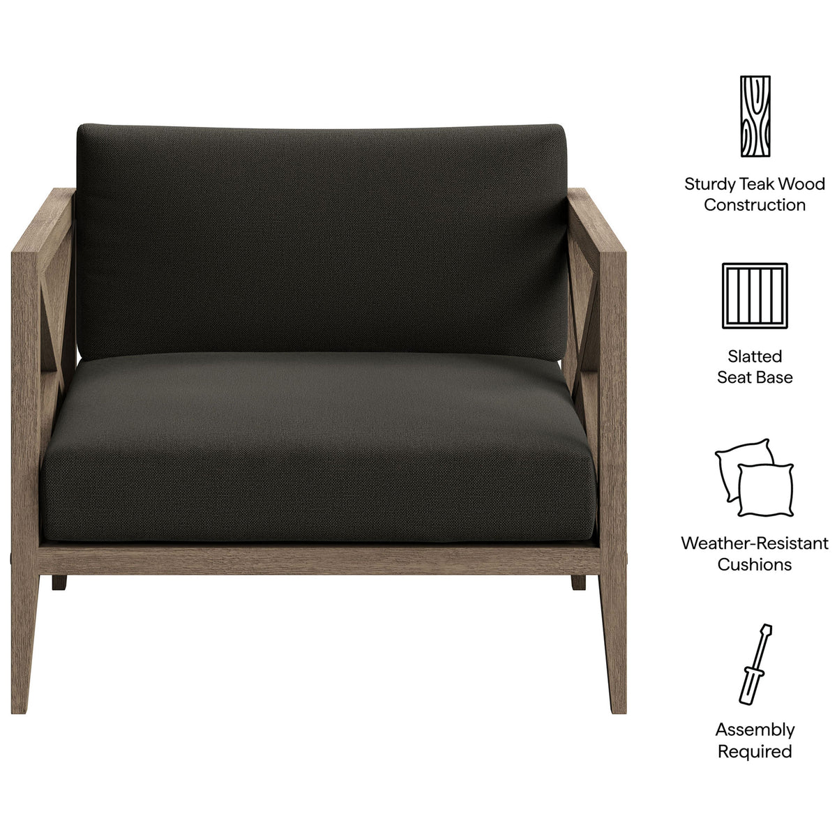 Northlake flint gray teak armchair with illustrated callouts for wood frame, slatted base, and outdoor cushions || EEI-7252-WGR-FLI || callout_studio